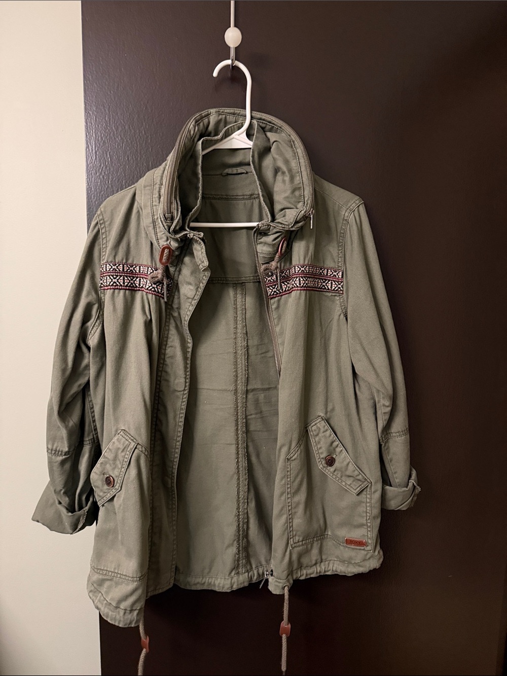 Roxy Olive Green Jacket with Leather Logo Patch